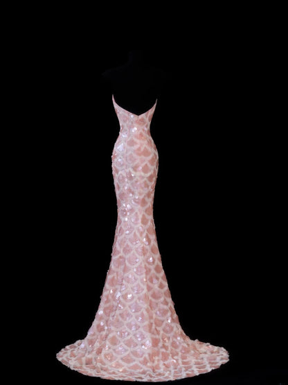 Elegant Mermaid Sweetheart Pink Sequins With Slit Long Formal Fancy Evening Dresses Dinner Outfits Classy Party Gowns AS601