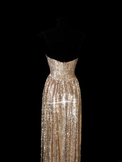 Elegant A line Spaghetti Straps Sequins Gold Long Formal Fancy Evening Dresses Dinner Outfits Classy Party Gowns AS602