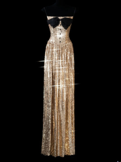 Elegant A line Spaghetti Straps Sequins Gold Long Formal Fancy Evening Dresses Dinner Outfits Classy Party Gowns AS602