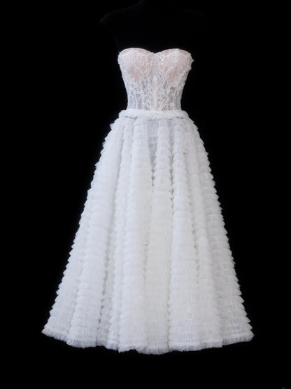 Elegant Ball Gown Sweetheart White Tulle Lace Tops Formal Fancy Evening Dresses Dinner Outfits Classy Party Gowns AS604