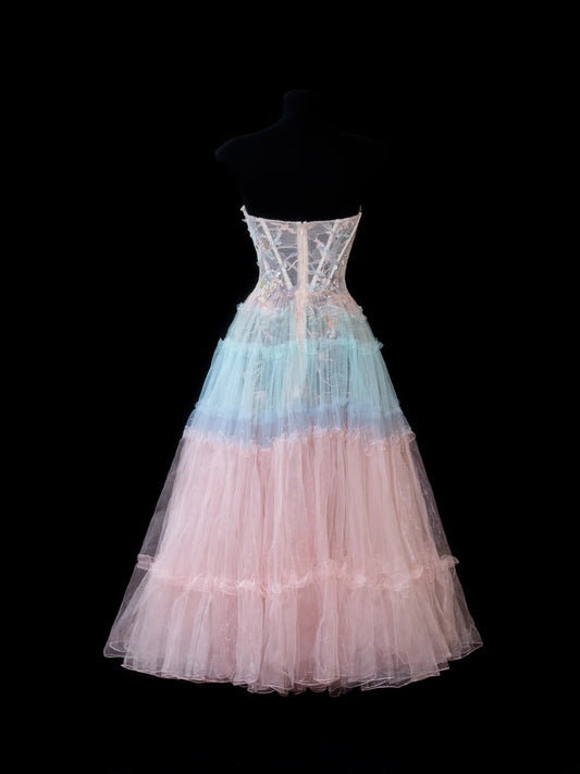 Elegant Ball Gown Strapless Multi Colors Tulle Lace Tops Formal Fancy Evening Dresses Dinner Outfits Classy Party Gowns AS606