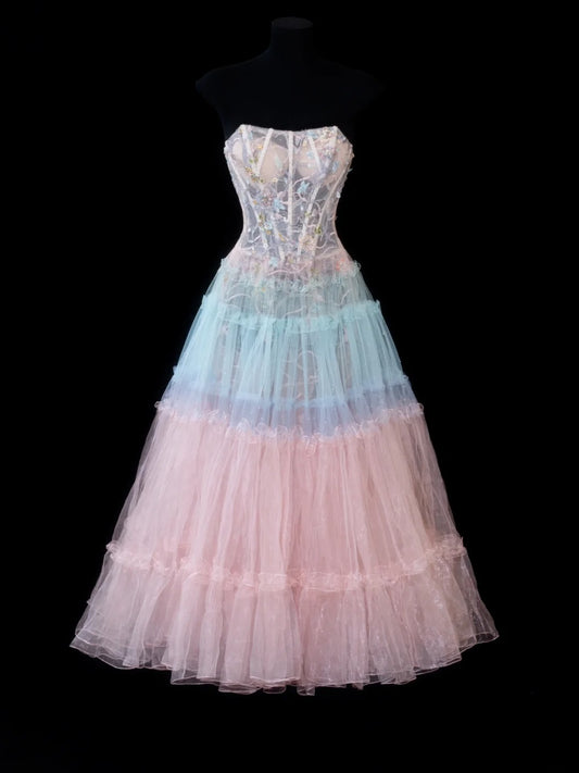 Elegant Ball Gown Strapless Multi Colors Tulle Lace Tops Formal Fancy Evening Dresses Dinner Outfits Classy Party Gowns AS606