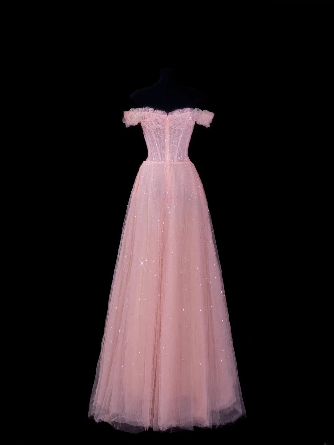 Elegant A line Off The Shoulder Pink Tulle Long Formal Fancy Evening Dresses Dinner Outfits Classy Party Gowns AS607