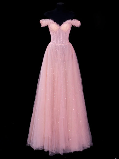 Elegant A line Off The Shoulder Pink Tulle Long Formal Fancy Evening Dresses Dinner Outfits Classy Party Gowns AS607