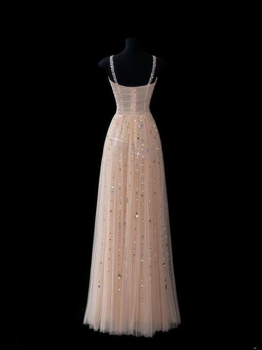 Elegant A line Spaghetti Straps Champagne Tulle Long Formal Fancy Evening Dresses Dinner Outfits Classy Party Gowns AS609