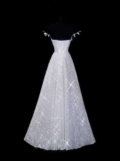 Elegant A line Spaghetti Straps White Sequin Long Prom Formal Fancy Evening Dresses Dinner Outfits Classy Party Gowns AS614