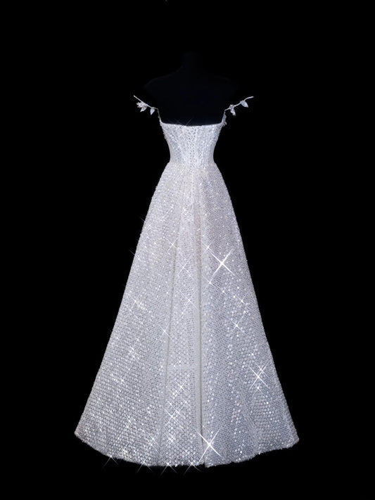 Elegant A line Spaghetti Straps White Sequin Long Prom Formal Fancy Evening Dresses Dinner Outfits Classy Party Gowns AS614