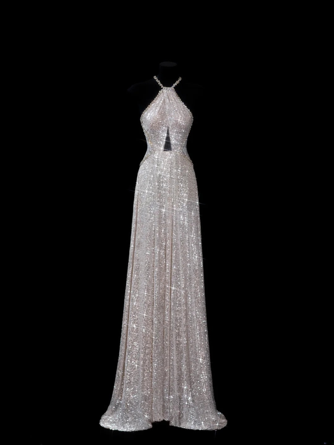 Elegantes, langes, champagnerfarbenes Pailletten-Abendkleid in A-Linie mit Neckholder – perfekt für festliche Anlässe und Dinnerpartys (AS615)