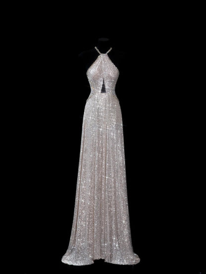 Elegantes, langes, champagnerfarbenes Pailletten-Abendkleid in A-Linie mit Neckholder – perfekt für festliche Anlässe und Dinnerpartys (AS615)
