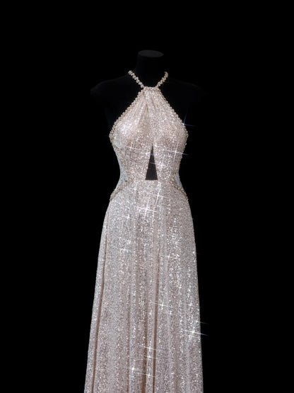 Elegantes, langes, champagnerfarbenes Pailletten-Abendkleid in A-Linie mit Neckholder – perfekt für festliche Anlässe und Dinnerpartys (AS615)