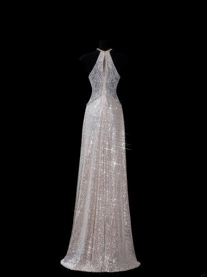 Elegantes, langes, champagnerfarbenes Pailletten-Abendkleid in A-Linie mit Neckholder – perfekt für festliche Anlässe und Dinnerpartys (AS615)