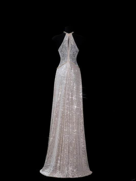 Chic A line Halter Champagne Sequin Long Prom Formal Fancy Evening Dresses Dinner Outfits Classy Party Gowns AS615