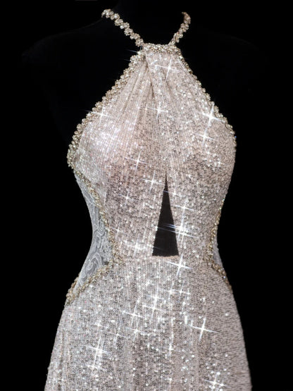 Elegantes, langes, champagnerfarbenes Pailletten-Abendkleid in A-Linie mit Neckholder – perfekt für festliche Anlässe und Dinnerpartys (AS615)