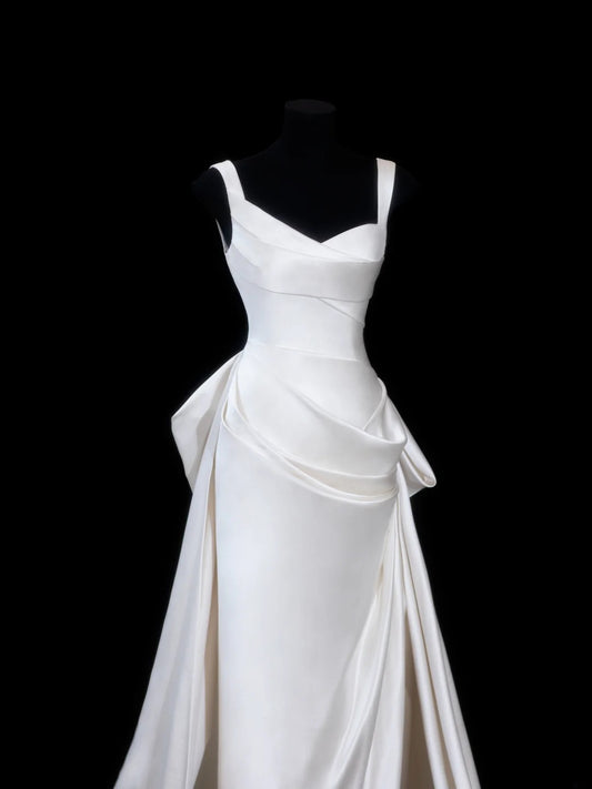 Vintage Long Wedding Gowns 1960s Dresses Simple Mermaid Sweetheart Style for Bride Satin With Pleated Train White Petite/Plus Size Bridal Gown AS620