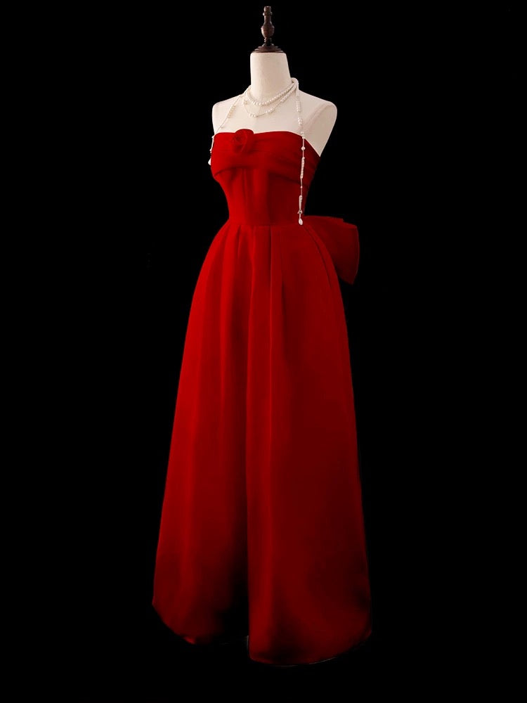 Modest A Line Strapless Red Chiffon With Flower Top Prom Dresses Long Party Dress 20th Birthday Outfits Graduation Dress AU001