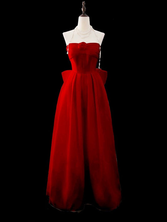 Modest A Line Strapless Red Chiffon With Flower Top Prom Dresses Long Party Dress 20th Birthday Outfits Graduation Dress AU001