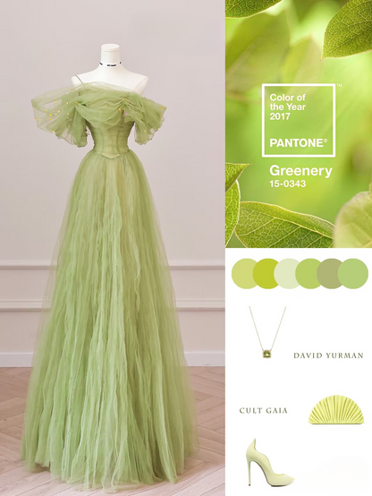 Robe de bal élégante en tulle vert, coupe trapèze, épaules dénudées, longue au sol, inspiration robes de bal, robe de remise de diplôme, AU002