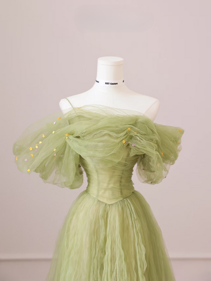 Robe de bal élégante en tulle vert, coupe trapèze, épaules dénudées, longue au sol, inspiration robes de bal, robe de remise de diplôme, AU002