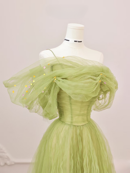 Robe de bal élégante en tulle vert, coupe trapèze, épaules dénudées, longue au sol, inspiration robes de bal, robe de remise de diplôme, AU002
