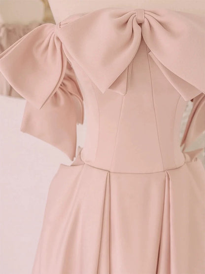 Elegantes, trägerloses A-Linien-Kleid aus rosafarbenem Satin mit Schleife am Oberteil, langes Partykleid, Outfit für den 20. Geburtstag, Abschlusskleid AU002