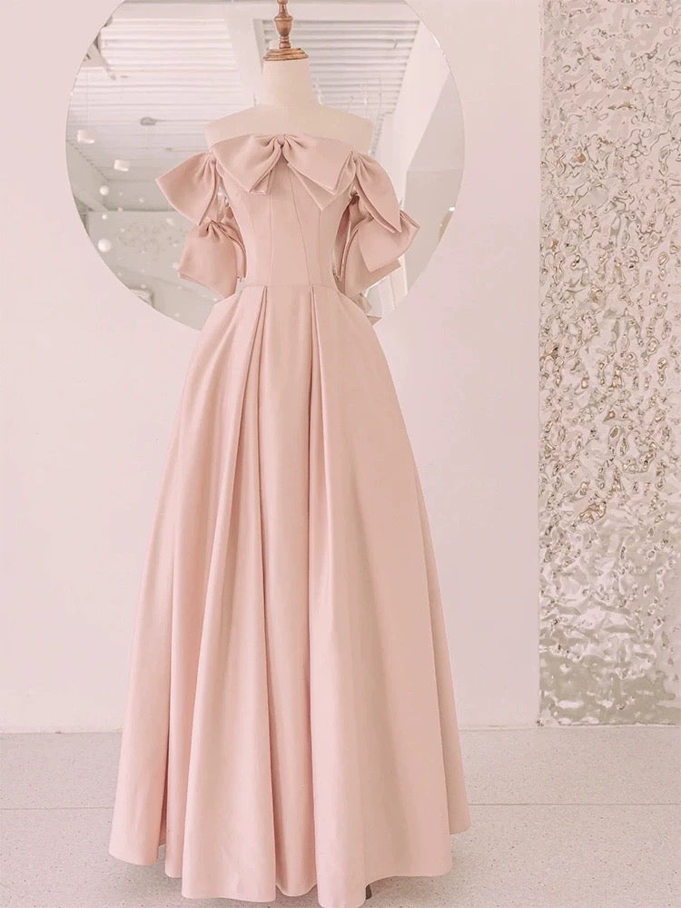 Elegantes, trägerloses A-Linien-Kleid aus rosafarbenem Satin mit Schleife am Oberteil, langes Partykleid, Outfit für den 20. Geburtstag, Abschlusskleid AU002