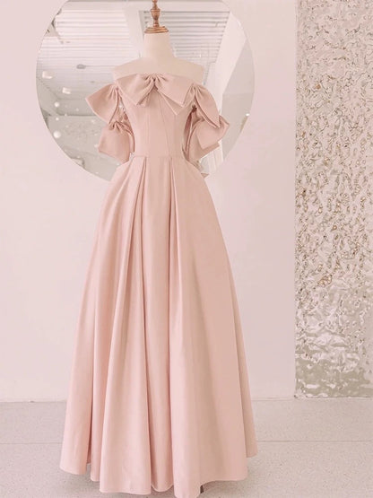 Elegantes, trägerloses A-Linien-Kleid aus rosafarbenem Satin mit Schleife am Oberteil, langes Partykleid, Outfit für den 20. Geburtstag, Abschlusskleid AU002