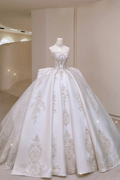 Classic Ball Gown Strapless Sleeveless White Fitted Corset Long Satin Wedding Dress Bride Gowns Wedding Dresses AU002