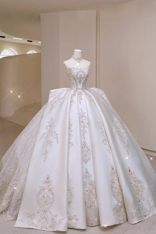 Classic Ball Gown Strapless Sleeveless White Fitted Corset Long Satin Wedding Dress Bride Gowns Wedding Dresses AU002