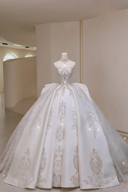 Classic Ball Gown Strapless Sleeveless White Fitted Corset Long Satin Wedding Dress Bride Gowns Wedding Dresses AU002