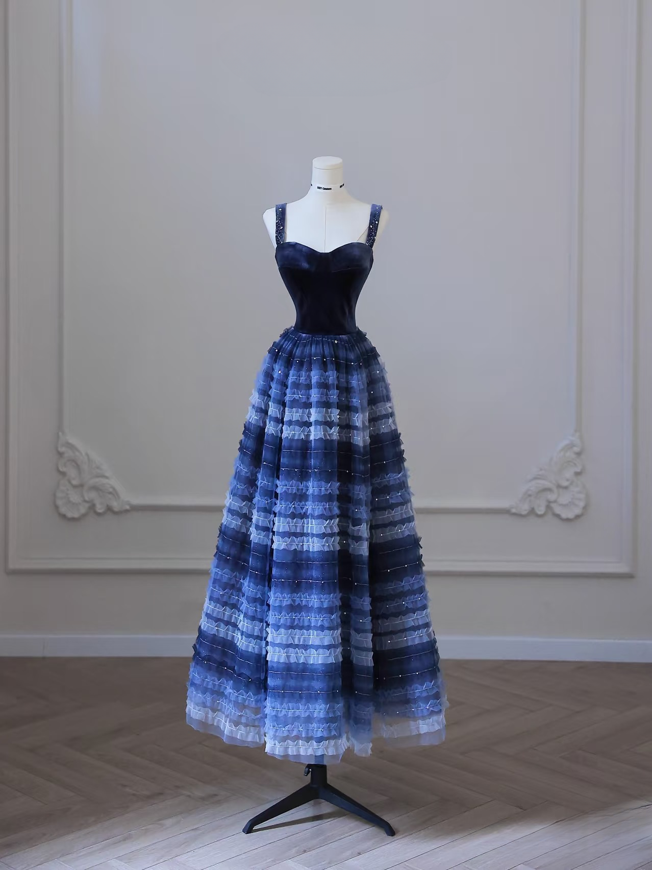 Elegant A Line Straps Sleeveless Navy Blue Tulle Floor Length Prom Dress Inspiration Ideas Prom Inspo Dresses Graduation Dress AU003