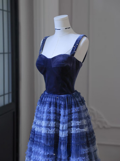 Elegant A Line Straps Sleeveless Navy Blue Tulle Floor Length Prom Dress Inspiration Ideas Prom Inspo Dresses Graduation Dress AU003