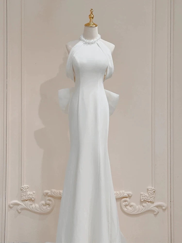 Simple Mermaid Halter White Satin 70s Fitted Long Wedding Dress Bride Gown Brides Dresses AU003
