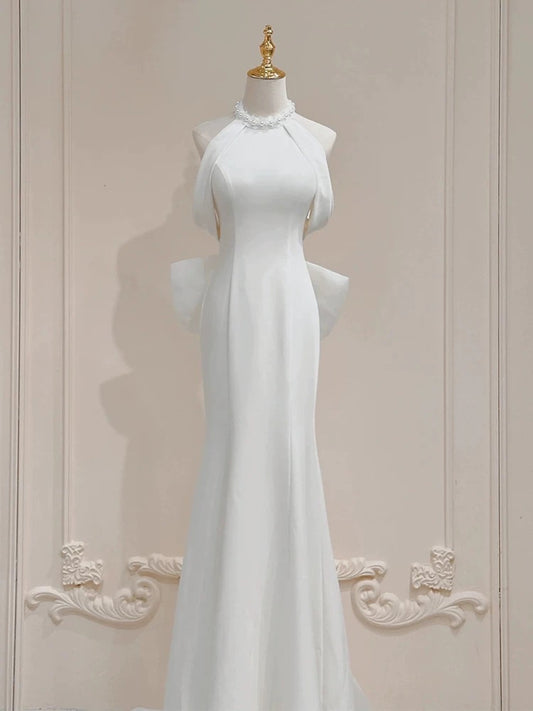 Simple Mermaid Halter White Satin 70s Fitted Long Wedding Dress Bride Gown Brides Dresses AU003
