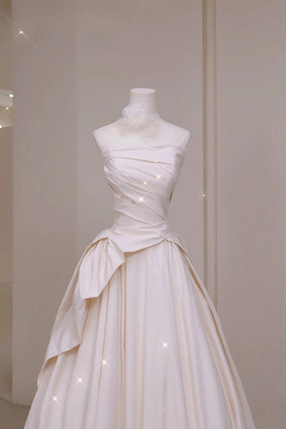 Elegant Ball Gown Strapless Fitted Corset Ruffles Satin Wedding Dress Bride Gowns Wedding Dresses AU003