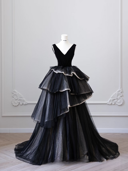 Elegant Ball Gown V Neck Sleeveless Black Tulle Floor Length Prom Dress Inspiration Ideas Prom Inspo Dresses Graduation Dress AU004