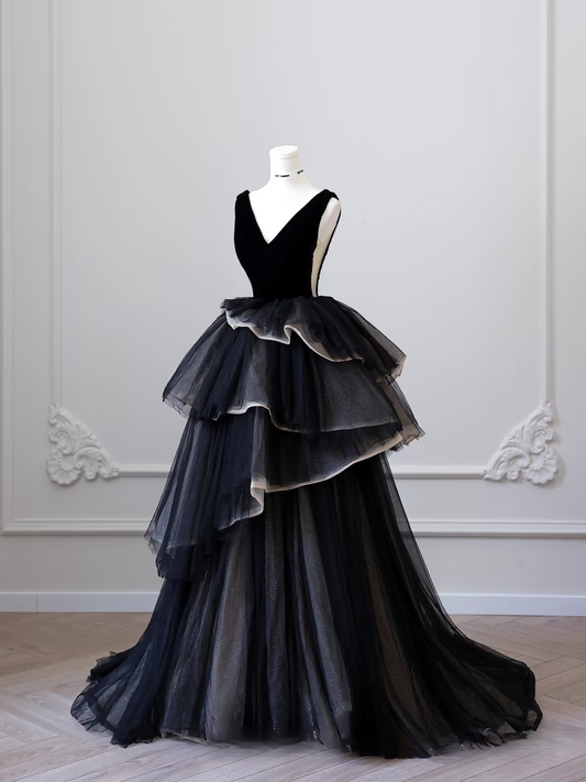 Elegant Ball Gown V Neck Sleeveless Black Tulle Floor Length Prom Dress Inspiration Ideas Prom Inspo Dresses Graduation Dress AU004