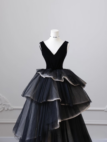Elegant Ball Gown V Neck Sleeveless Black Tulle Floor Length Prom Dress Inspiration Ideas Prom Inspo Dresses Graduation Dress AU004
