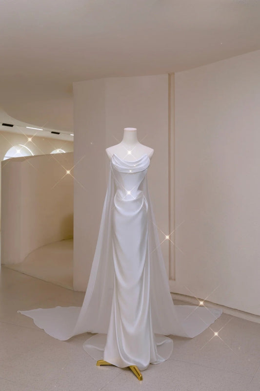 Simple Mermaid Strapless White Fitted Corset Long Satin Wedding Dress Bride Gowns Wedding Dresses AU004