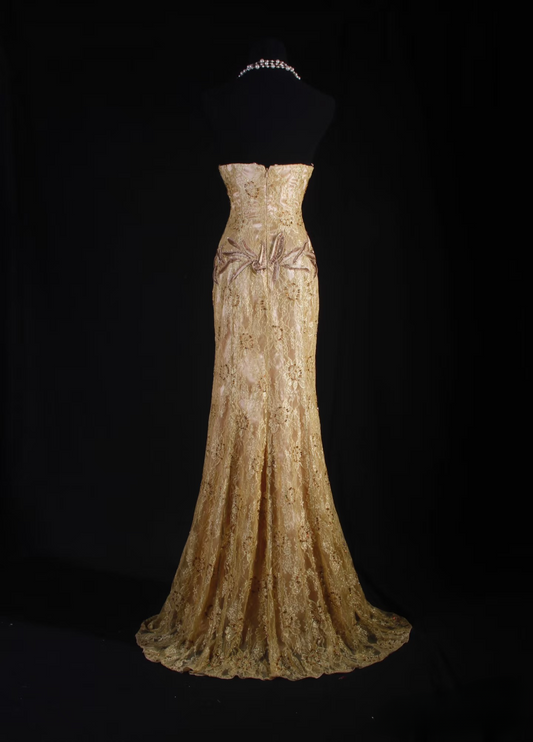Retro Prom Dresses Mermaid Sweetheart Gold Lace Beads Vintage Long Prom Dresses Party Gowns AU004