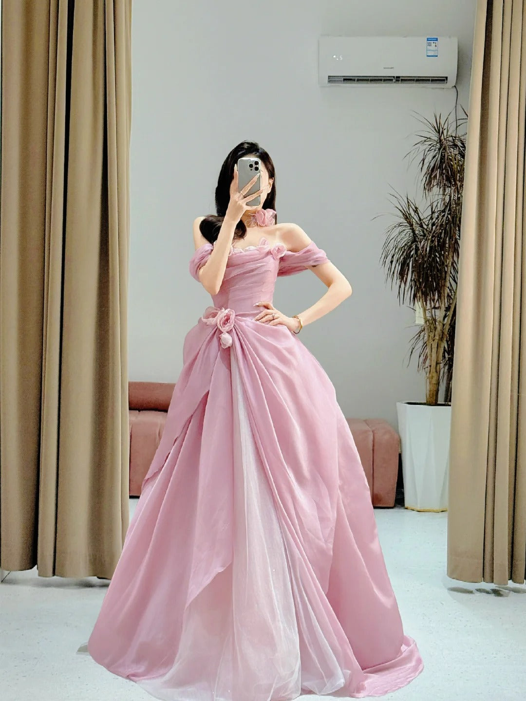 Pretty Ball Gown Strapless Pink Floor Length Tulle Flowers Prom Dresses Formal Dress Birthday Outfits Prom Gown AU005