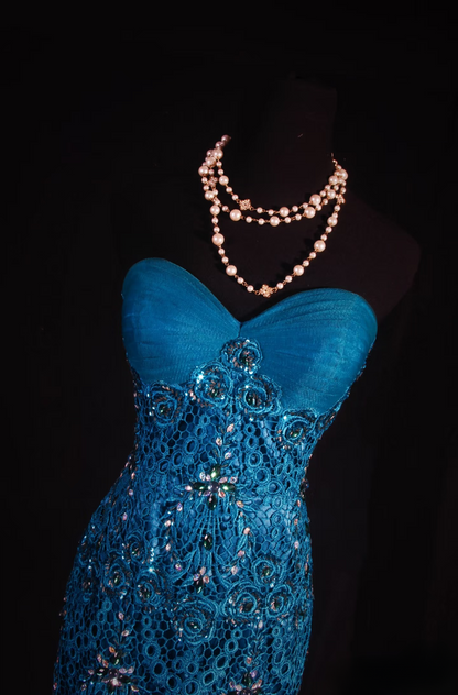 Robe de bal rétro sirène bustier cœur en tulle et dentelle ornée de perles argentées, robe de bal longue vintage, robe de soirée AU005