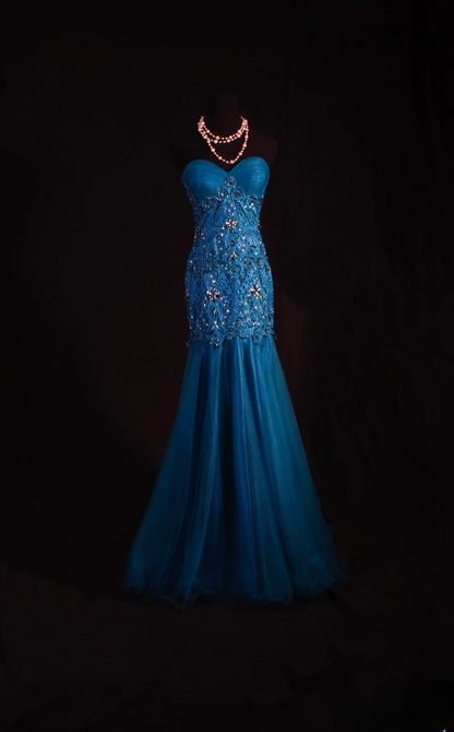 Robe de bal rétro sirène bustier cœur en tulle et dentelle ornée de perles argentées, robe de bal longue vintage, robe de soirée AU005