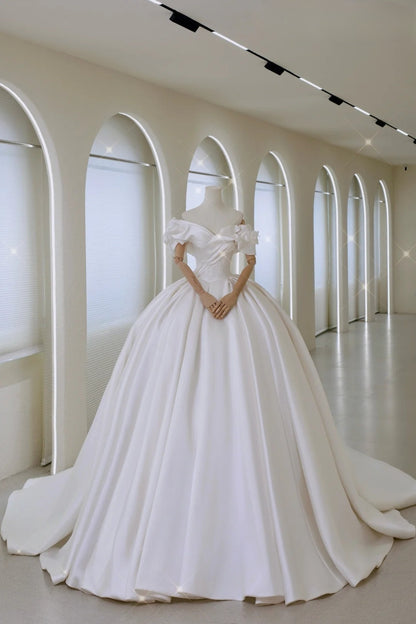 Classic Ball Gown Off The Shoulder White Fitted Long Satin Wedding Dress Bride Gowns Wedding Dresses AU006