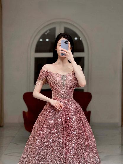 Ball Gown Off The Shoulder Cap Sleeves Sequin Ombre Pink Floor Length Stunning Prom Dresses Inspiration Prom Dress Princess Graduation Dress AU007