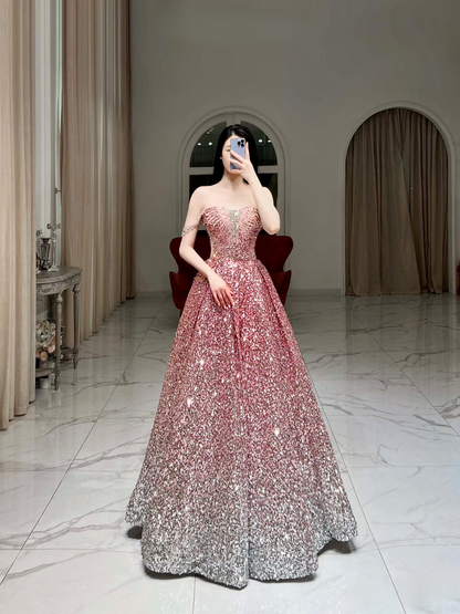 Ball Gown Off The Shoulder Cap Sleeves Sequin Ombre Pink Floor Length Stunning Prom Dresses Inspiration Prom Dress Princess Graduation Dress AU007