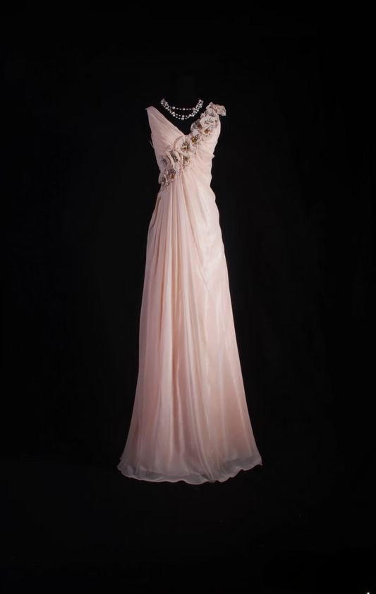 Vintage Prom Dresses 1950s Retro Classy A Line V Neck Pearl Pink Chiffon Inspo Long Prom Gown AU007