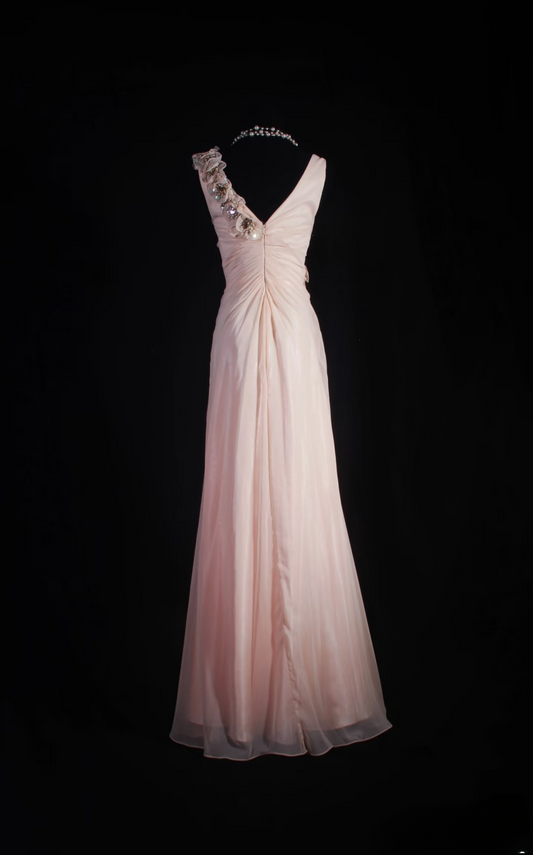 Vintage Prom Dresses 1950s Retro Classy A Line V Neck Pearl Pink Chiffon Inspo Long Prom Gown AU007