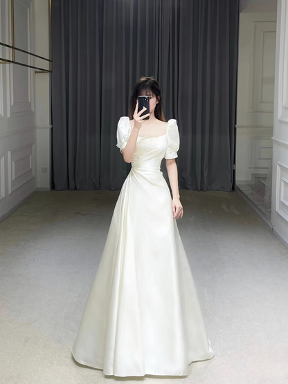 Cheap A line Square Neck Short Sleeves Long Satin White Wedding Dress Fairy Formal Wedding Dresses Civil Brides Gowns AU008