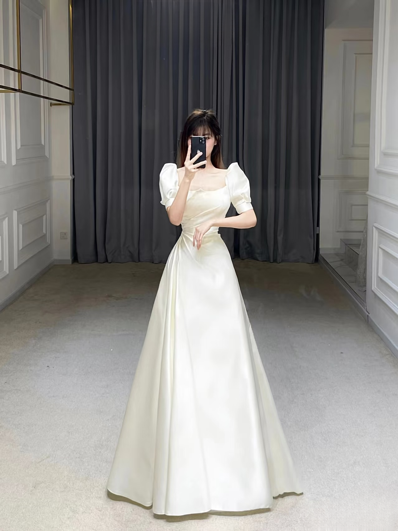 Cheap A line Square Neck Short Sleeves Long Satin White Wedding Dress Fairy Formal Wedding Dresses Civil Brides Gowns AU008