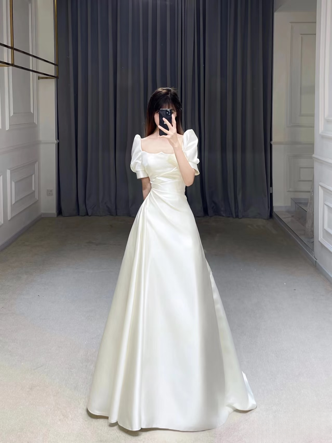 Cheap A line Square Neck Short Sleeves Long Satin White Wedding Dress Fairy Formal Wedding Dresses Civil Brides Gowns AU008